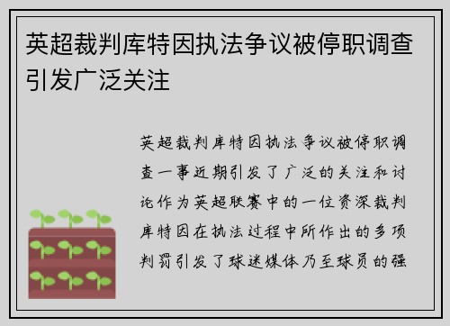 英超裁判库特因执法争议被停职调查引发广泛关注