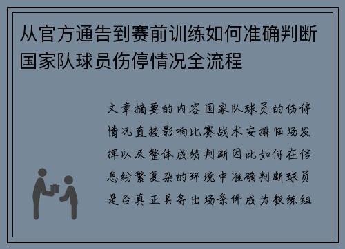 从官方通告到赛前训练如何准确判断国家队球员伤停情况全流程